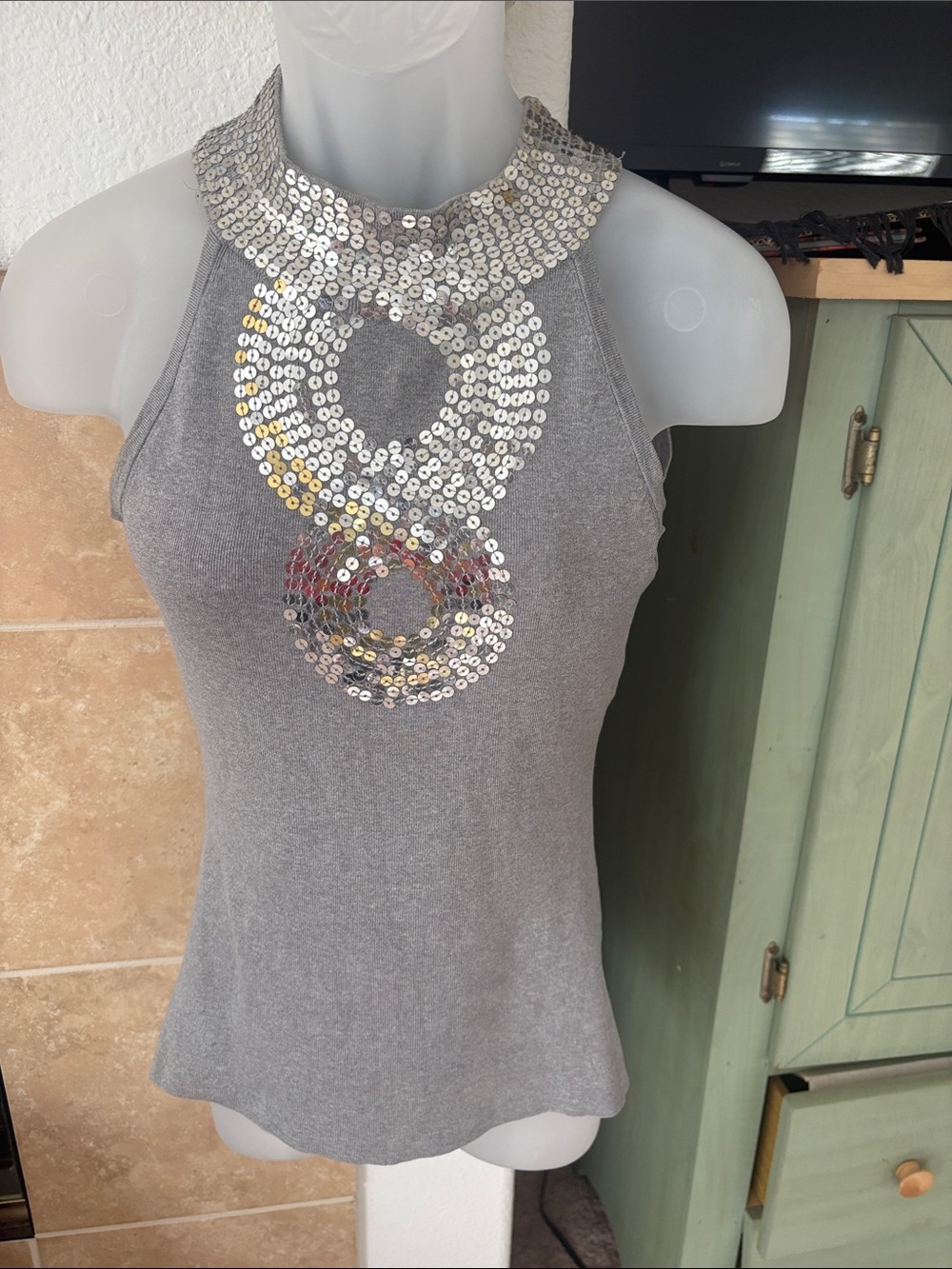 INC International Concepts Silver Sequin-Embellished Gray Halter Tank